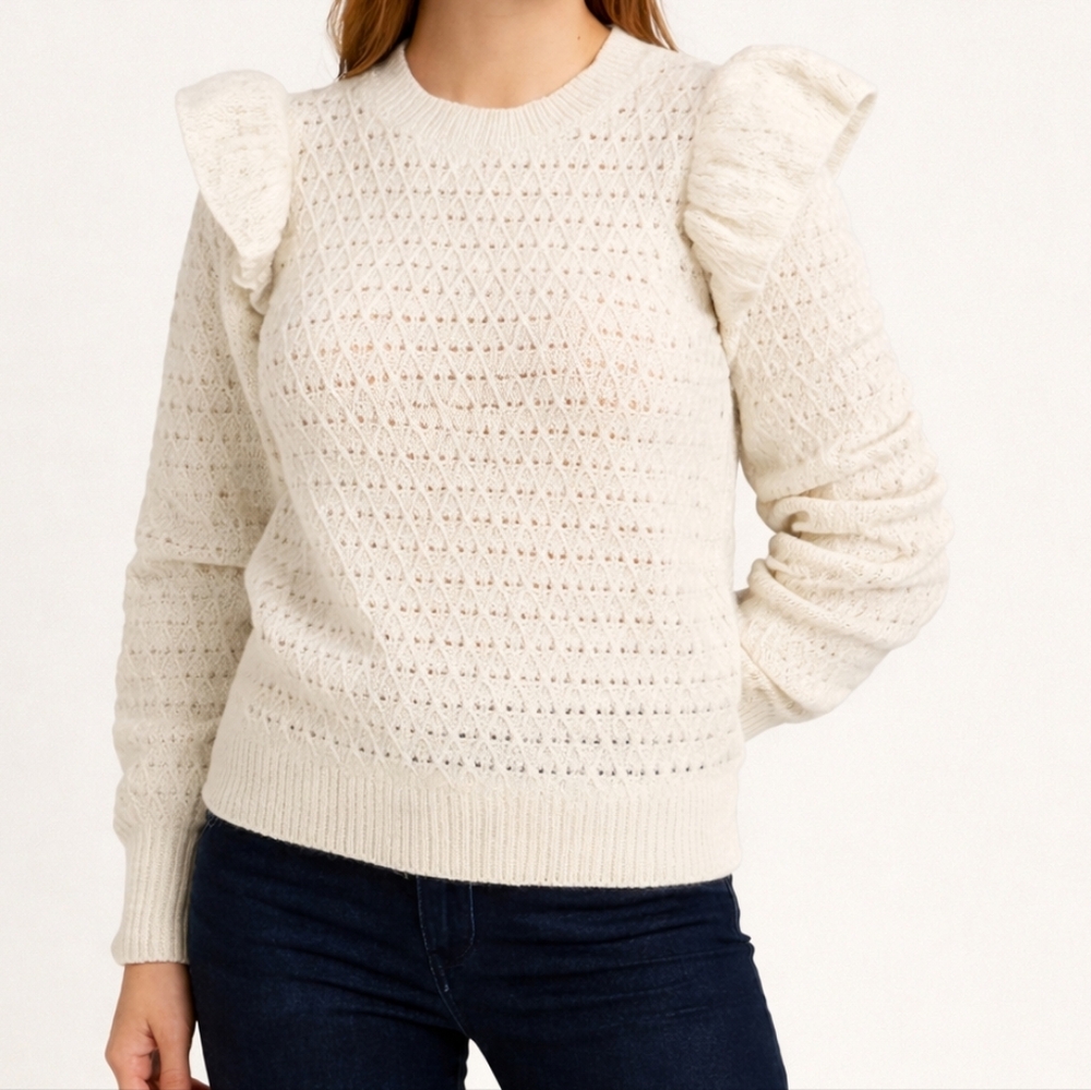 LOFT Cream Pointelle Ruffle Shoulder Sweater